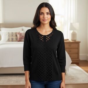 August Silk Black Cardigan with Front Lace Accent Size S Silk/Cotton